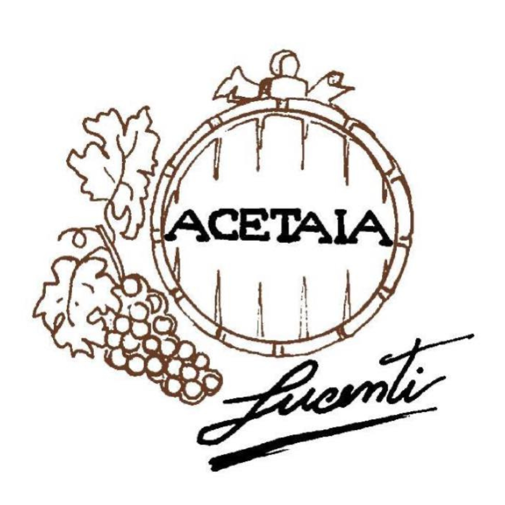Logo of "Acetaia Lucenti" with an illustration of a barrel and bunch of grapes, symbols of Italian tradition and quality.